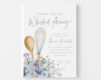 Blue Floral Kitchen Wedding Shower Invite - Printable 5x7 Invitation - Soon To Be Whisked Away - Dusty Blue Stock the Kitchen Bridal Shower