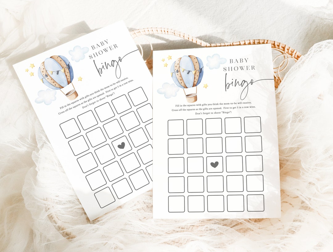 Baby Shower Bingo - Blue Hot Air Balloon Baby Shower - Printable 5x7 ...