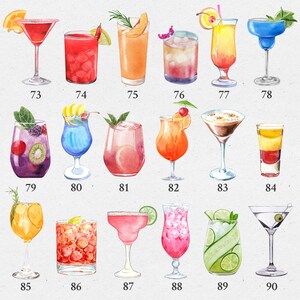 Puede incluir: Una colecci&oacute;n de 20 ilustraciones de acuarela de diferentes c&oacute;cteles y bebidas. Las ilustraciones son de varios colores y estilos, y todas est&aacute;n sobre un fondo blanco.