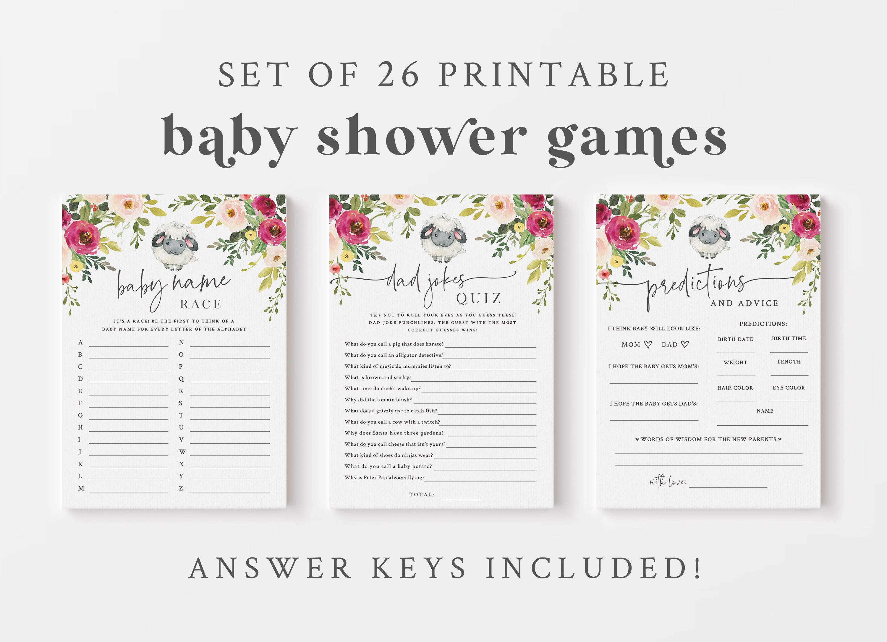 Little Lamb Baby Shower Game Bundle - Pink Floral Farm Baby Shower Games - Package of 26 Printable Games & Activities - Sheep Baby Shower