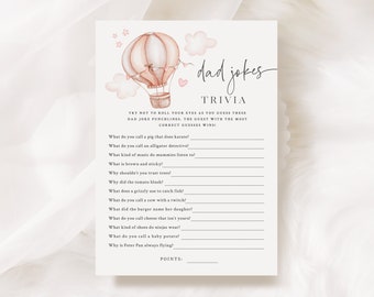 Baby Shower Dad Jokes Game - Pink Hot Air Balloon Baby Shower - A New Adventure Theme - Dad Jokes Quiz - Dad Baby Shower Game - Travel Theme