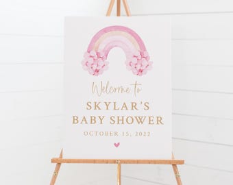 Pink Rainbow Baby Shower Welcome Sign - Printable Welcome Poster - Blush and Gold Girl Baby Shower - Pastel Pink Boho Rainbow Baby Shower