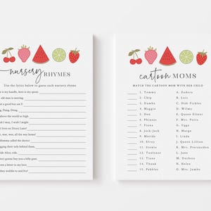 May include: Two printable game cards with a watermelon, strawberries, and cherries theme. The first card is a nursery rhyme game with blank lines to fill in the lyrics. The second card is a cartoon moms game with a list of cartoon moms and their children to match.