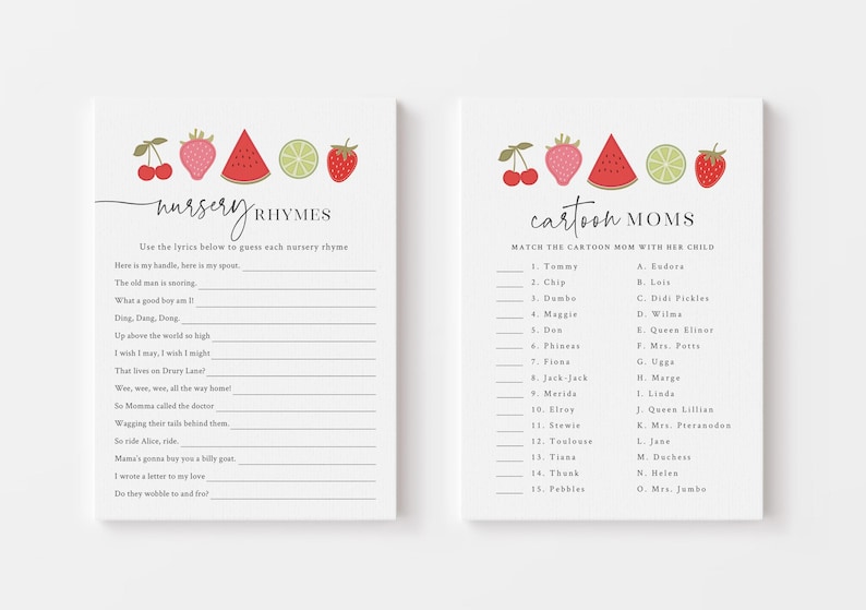 May include: Two printable game cards with a watermelon, strawberries, and cherries theme. The first card is a nursery rhyme game with blank lines to fill in the lyrics. The second card is a cartoon moms game with a list of cartoon moms and their children to match.