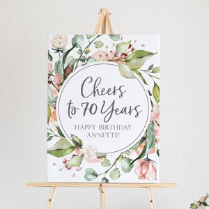Letrero de cumpleaños número 70: saludos por los 70 años para imprimir: decoraciones para fiestas de cumpleaños número 70: letrero floral personalizado para cumpleaños: decoración para cumpleaños importantes