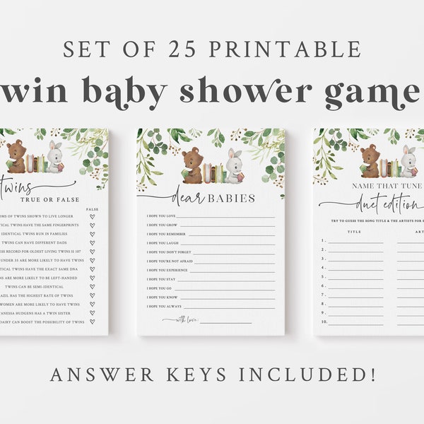 Twin Baby Shower Games - Woodland Animals Book Themed Twin Baby Games - 25 Printable Games & Activities - Storybook Themed Twin Baby Shower