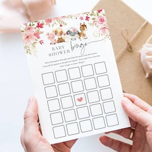 Shower de bébé animaux de la ferme pour fille - jeu de bingo pour bébé - cartes de bingo 5 x 7 imprimables - jeux de bébé sur le thème de la ferme rose - cadeau d'ouverture de cartes de bingo