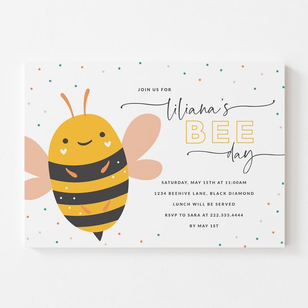 Bee-Day Verjaardagsfeest Afdrukbare Uitnodiging - Bee Thema Verjaardagsfeest Uitnodiging - Bijenfeest Uitnodiging - Meisjes Verjaardagsfeest Bee Uitnodiging