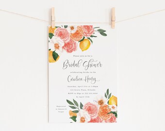 Invitación para despedida de soltera con limón: invitación para despedida de soltera con cítricos brillantes y coloridos: invitación para despedida de soltera de Main Squeeze: limones y flores