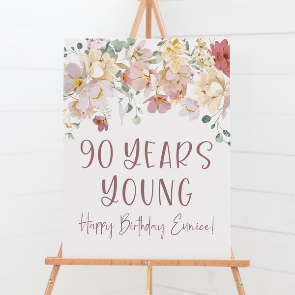 90 Years Young Printable Poster - 90th Birthday Decorations - Floral Birthday Welcome Poster - Mum Birthday - Nan Birthday - Wife Birthday