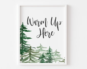 Warm Up Here - Placa de bar de chocolate quente - Placa para impressão 8x10 - Placa de estação de chocolate quente - Placa de casamento de inverno - Placa de chá de panela de inverno