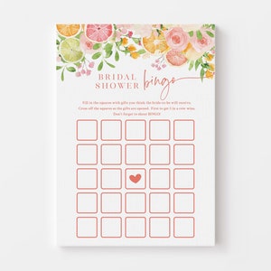 Juego de bingo para despedida de soltera: tarjeta de bingo para regalo de despedida de soltera con cítricos imprimible: bingo para abrir regalos: despedida de soltera de verano con cítricos y flores