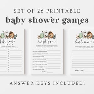 Puede incluir: Un conjunto de 26 juegos de baby shower imprimibles con lindas ilustraciones de animales del bosque. Los juegos incluyen una carrera de nombres de bebés, un cuestionario de chistes de papá y una actividad de tradiciones familiares.