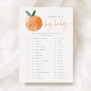 Cutie Baby Shower - Baby Animal Quiz Game - Printable 5x7 Game - Animal Baby Weight Guessing Game - Orange Citrus Baby Shower Trivia Game