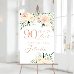 Blush Pink Blumen-Geburtstagsfeier-Willkommens-Schild | Jedes Alter | Personalisiertes Geburtstagsposter | Druckbares 90 Jahre geliebtes Zeichen | Oma Geburtstag