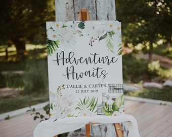 Adventure Awaits Wedding Welcome Sign - Travel Theme Bridal Shower Decorations - Welcome Poster Printable - Travel Theme Wedding Easel Sign