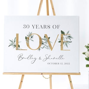 30th Wedding Anniversary Party Welcome Sign Printable - 30 Years of Love Welcome Poster - Greenery and Gold Anniversary Party Decorations