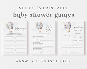 Lot de jeux bleus pour baby shower en montgolfière - 25 jeux et activités à imprimer - Une nouvelle baby shower sur le thème du voyage d'aventure - Up and Away