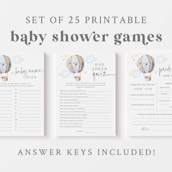 Blue Hot Air Balloon Baby Shower Game Bundle - 25 Printable Games & Activities - A New Adventure Travel Themed Baby Shower - Up and Away