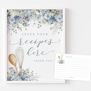 Cartões de receitas florais azuis - Deixe suas receitas aqui - Placa para impressão 8x10 e cartões de receitas 5x7 - Cartão de receita para chá de panela Whisked Away
