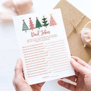 Sapin de Noël rose baby shower blagues papa jeu de quiz - jeu imprimable baby shower - anecdotes sur les blagues papa - baby shower rose pays des merveilles d'hiver