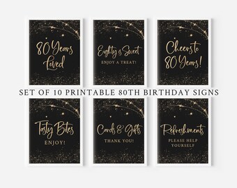Paquete de carteles para fiesta de 80 cumpleaños: juego de 10 carteles imprimibles: 80 años de amor: ¡Saludos por los 80 años! Decoraciones de cumpleaños en negro y dorado