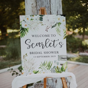 Cartello di benvenuto per addio al nubilato a tema viaggio - Decorazioni per addio al nubilato per matrimoni a destinazione - Cartello per addio al nubilato con fiori tropicali ad acquerello