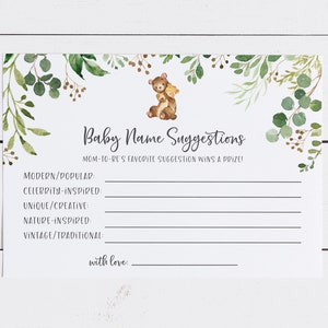 Babyparty Namensvorschlagsspiel - Geschlechtsneutrale Eukalyptus Duschaktivitäten - Wir können kaum warten - Bärenthema Baby-Namensvorschlagskarte