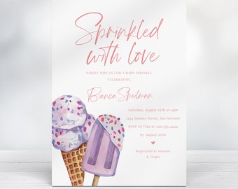 May include: A baby shower invitation with a watercolor illustration of ice cream cones and popsicles with sprinkles. The text reads "Sprinkled with love" and includes details for the event, including the date, time, location, and RSVP information. The invitation also includes information about where the couple is registered.