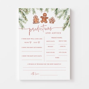 Tarjeta de predicción para baby shower imprimible - Baby Shower de jengibre de invierno - Tarjeta de predicciones y consejos - Juego de baby shower con temática navideña