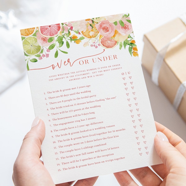 Bridal Shower Over or Under Game - Printable Citrus Wedding Shower Game - Orange Bridal Game - Bright Citrus Colors Bridal Brunch Quiz Game