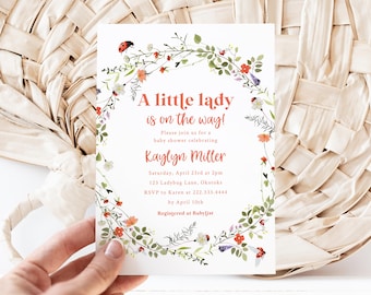 Invitación para baby shower de mariquita / Una pequeña dama está en camino / Invitación imprimible / Baby Shower rojo / Invitación de flores silvestres / Pequeño bicho del amor