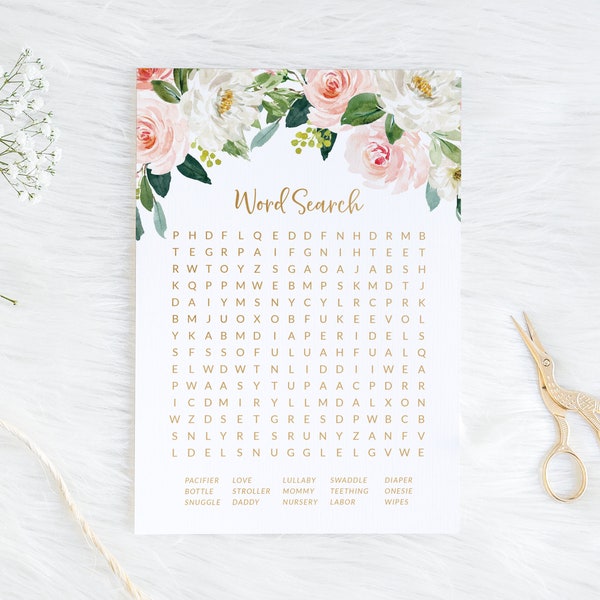 Baby Word Search Game Download - Pink Girly Baby Shower Games - Floral Baby Shower Word Game - Pink and Gold Baby Shower Activities