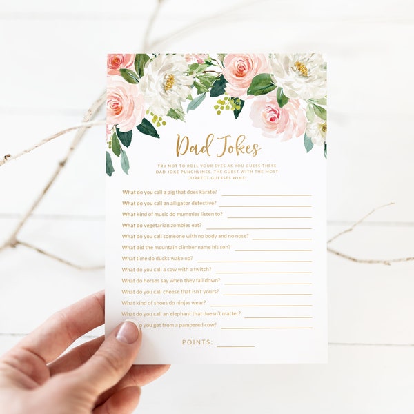 Dad Jokes Baby Shower Quiz Game - Couples Baby Shower Games - Co-ed Baby Shower Game - Dad Themed Game - Blush Floral Girls Baby Shower Game