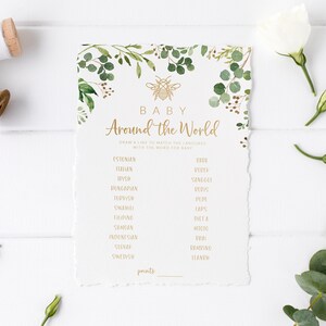 Bee Baby Shower - &quot;Baby&quot; Around the World Game - Printable Baby Shower Activity - Baby in Different Languages Game - Baby Shower Trivia Game