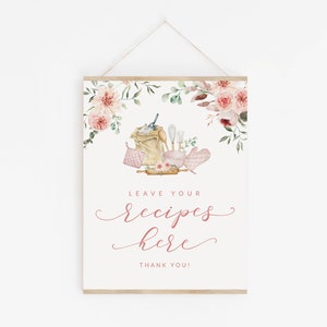 Cartes de recettes et enseigne sur le thème de la cuisine pour la douche nuptiale - Laissez vos recettes ici enseigne imprimable - Partage de recettes pour la douche nuptiale sur le thème de la cuisine