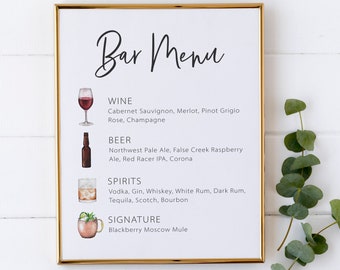 Menù personalizzato per bar per matrimoni - Menù per lista vini e birre - Menù per bevande per matrimoni - Menù per bar stampabile con immagini di bevande