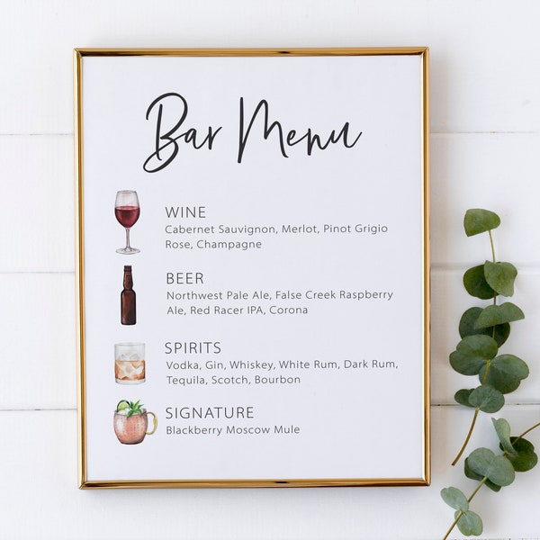 Custom Wedding Bar Menu Sign - Wine and Beer List Sign - Wedding Drinks List - Signature Drink Sign - Printable Bar Menu With Drink Pictures