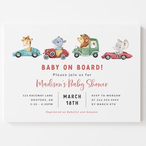 Car Baby Shower Invitation - Printable Baby on Board Invite - Animals and Race Cars Baby Shower - Go Baby Go Transportation Baby Shower