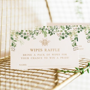 Bienen-Themen-Babyparty-Feuchttücher Raffle Einlegekarten - Biene-Babyparty - Wipes Raffle Tickets - Wipes Raffle Anfrage Karte - Eukalyptus Greenery