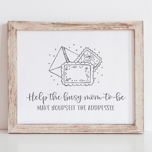 Letrero para ayudar a la futura mamá ocupada: conviértase en el destinatario: escriba la dirección en un sobre imprimible: letrero de agradecimiento para baby shower
