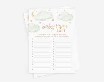 Baby Name Race Game - Mint & Gold Twinkle Twinkle Little Star Baby Shower - Printable 5x7 Baby Name Alphabet Race - Over the Moon Theme