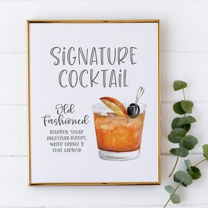 Signature Cocktail Sign Signature Drink for Birthday Party Watercolor Cocktail Party Sign Signature Drink Bar Sign for Wedding image 1