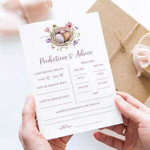 Prédictions et conseils pour la baby shower de printemps - carte de prédictions de bébé imprimable - baby shower sur le point d'éclore - baby shower pastel oiseau