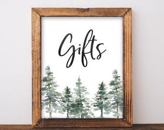 Gifts Sign - Rustic Wedding Sign - Woodland Wedding Sign - Mountain Wedding Decor - Gifts Table Printable - Watercolor Trees Signage