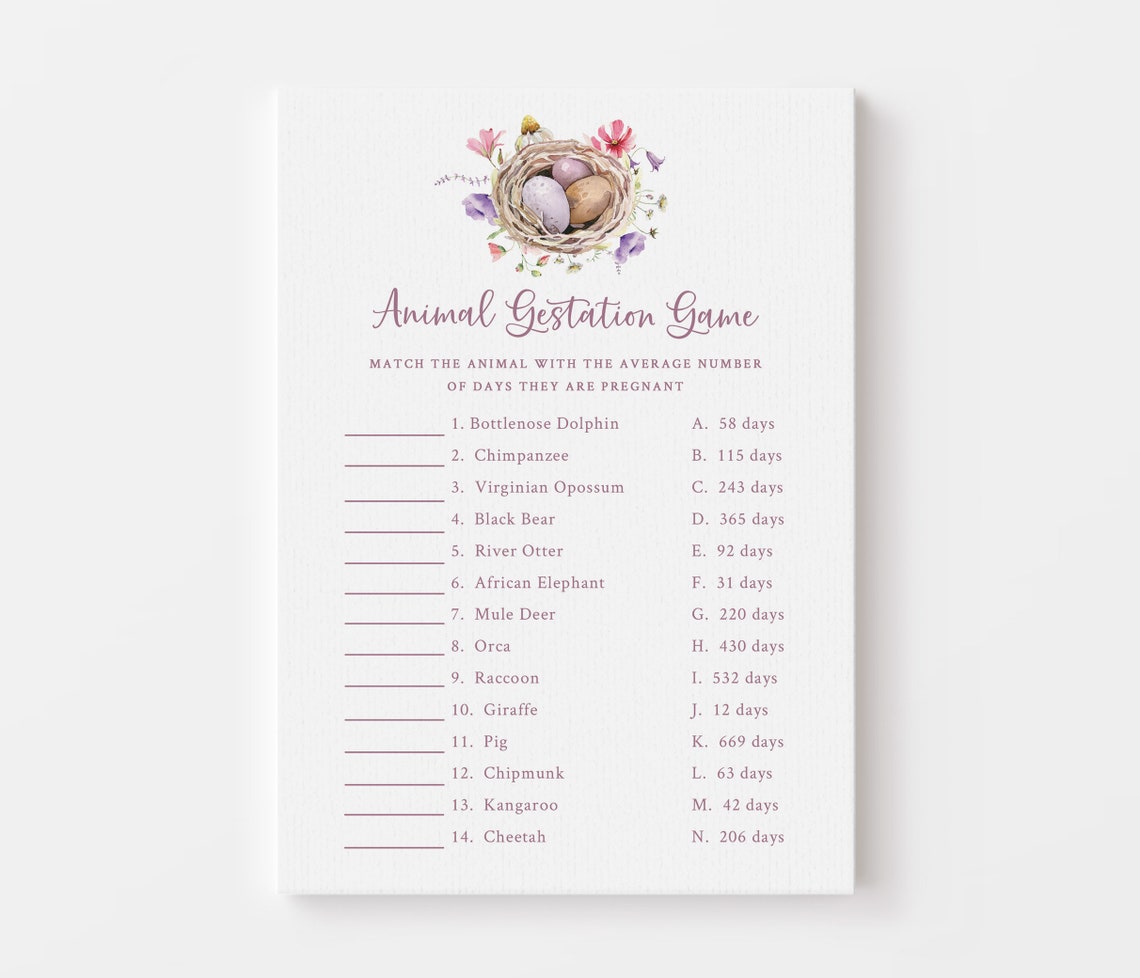 Spring Baby Shower Game - Printable Animal Gestation Quiz - About to ...