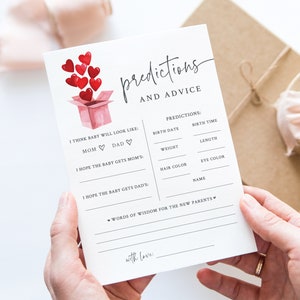 Voorspellingen en advies Little Valentine babyshower - afdrukbare kaart 5 x 7 babyvoorspelling - Valentijnsdag babyshower - roze en rode harten