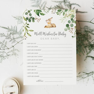 Afdrukbare kaart Dear Baby - Woodland Oh Deer Babyshower - Greenery Well Wishes for Baby Cards - Genderneutrale berichten voor babykaarten