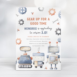 May include: A blue and white robot birthday party invitation with the text "GEAR UP FOR A GOOD TIME" and "HENDRIX is upgrading to version 3.0!"  The invitation includes a date, time, location, and RSVP information.