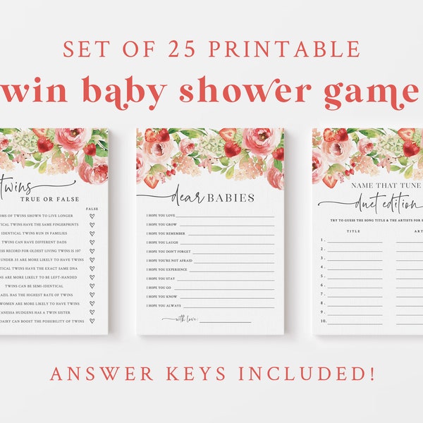 Strawberry Themed Twin Baby Shower Game Bundle - 25 Printable Twin Games & Activities - Berry Sweet Babies Twin Girl Baby Shower Games